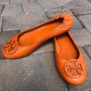 Tory Burch Reva Tumbled Leather Ballerina Flat Orange